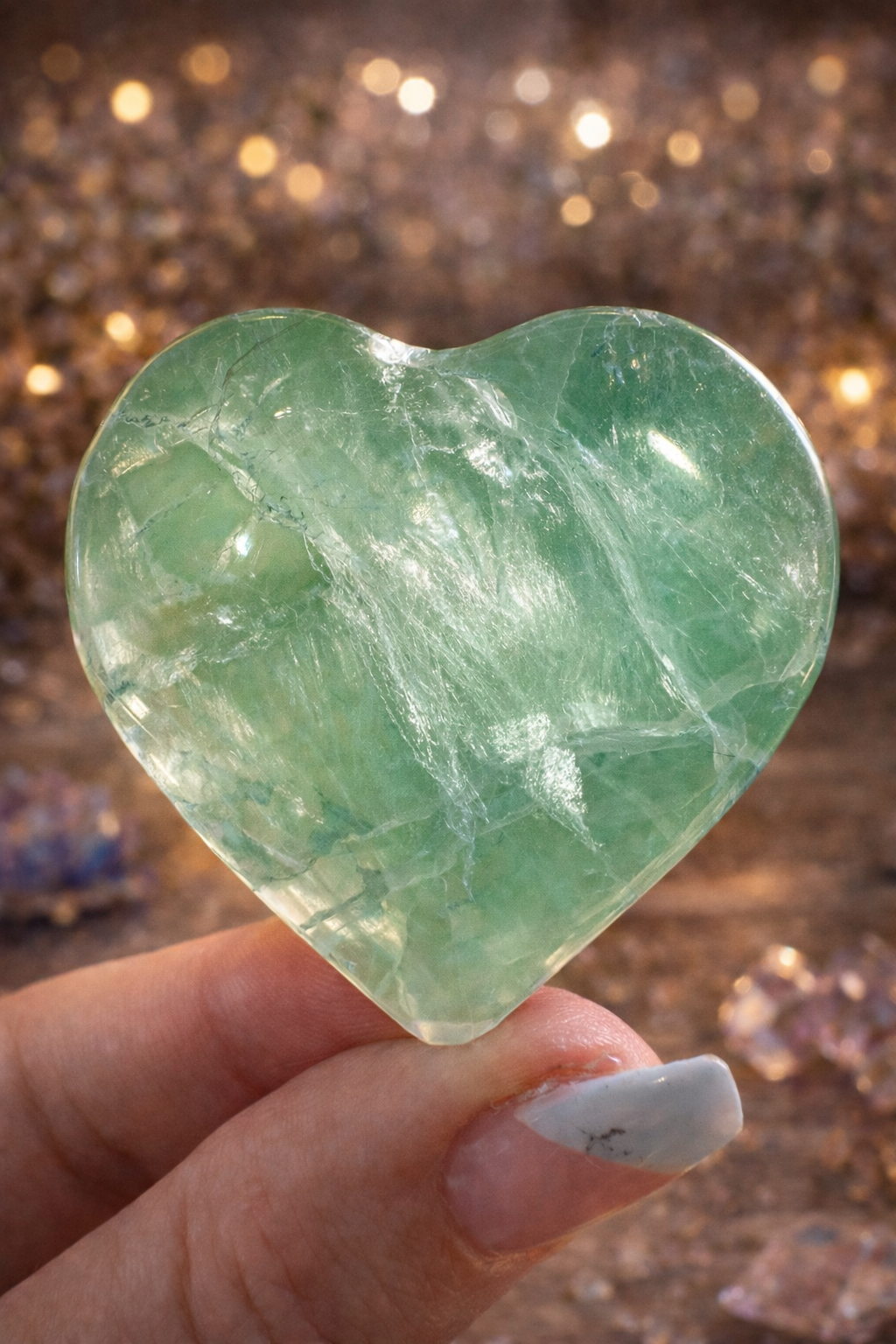 Green Fluorite Heart – 50mm Polished Crystal Clarity • Emotional Balance • Heart