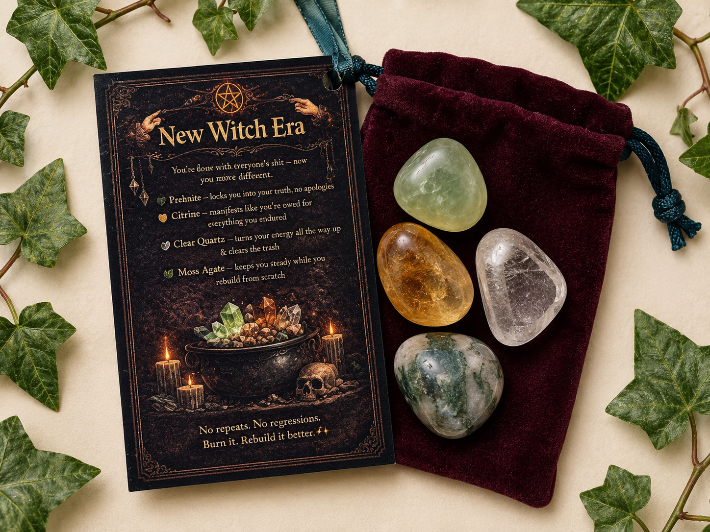 New Witch Era Crystal Kit ~Prehnite Citrine Clear Quartz Moss Agate  ~ Gift Set