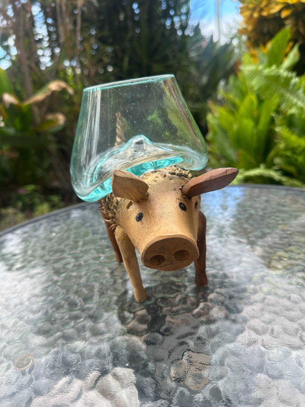 Wooden Pig Planter ~ Removable Glass Bowl – Rustic Garden Decor – Succulent