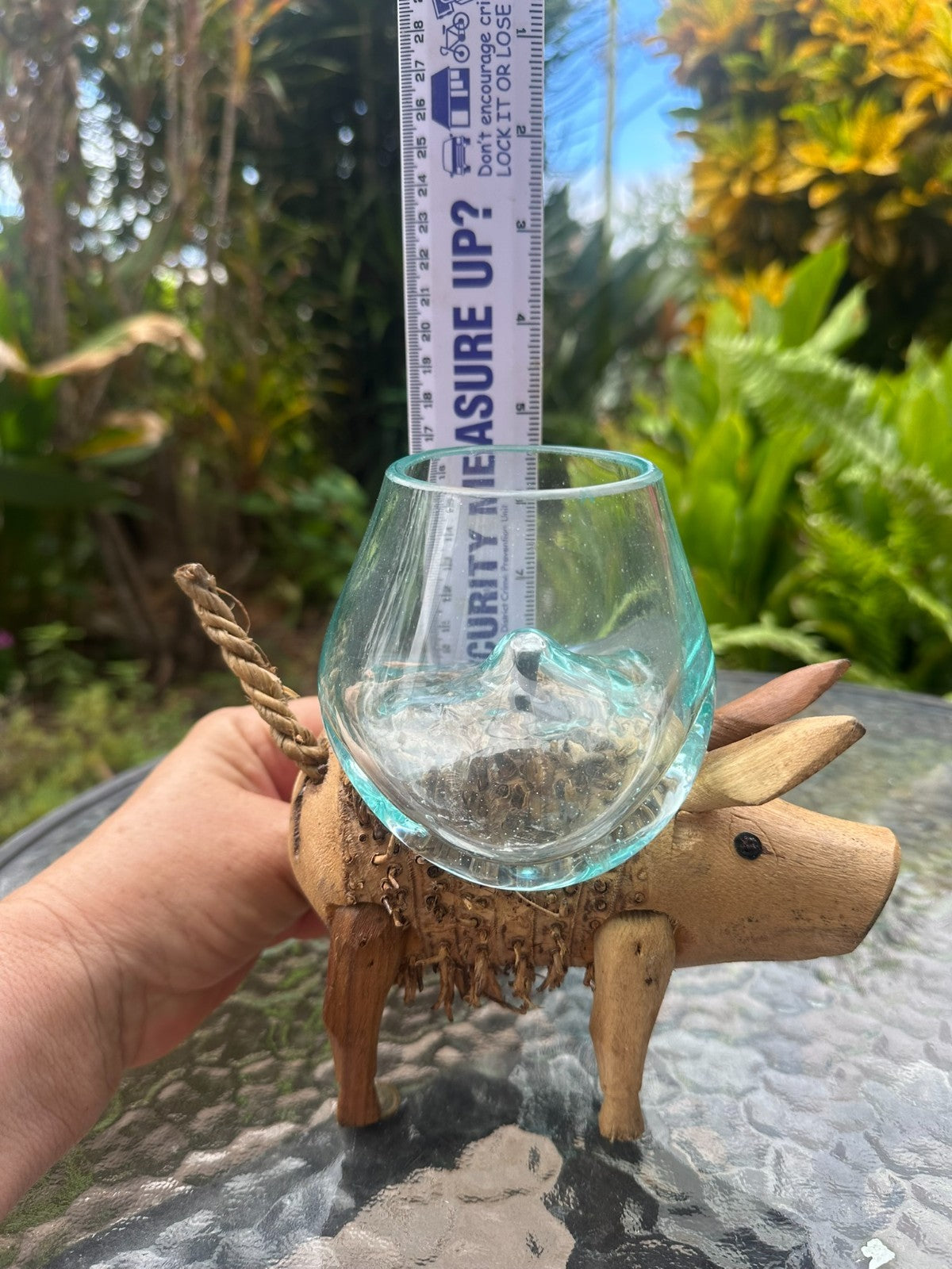 Wooden Pig Planter ~ Removable Glass Bowl – Rustic Garden Decor – Succulent