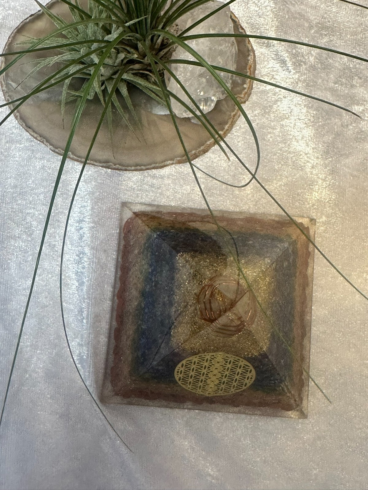Large Orgonite Chakra Crystal Pyramid – Copper Coil & Flower of Life ~ Hand Made