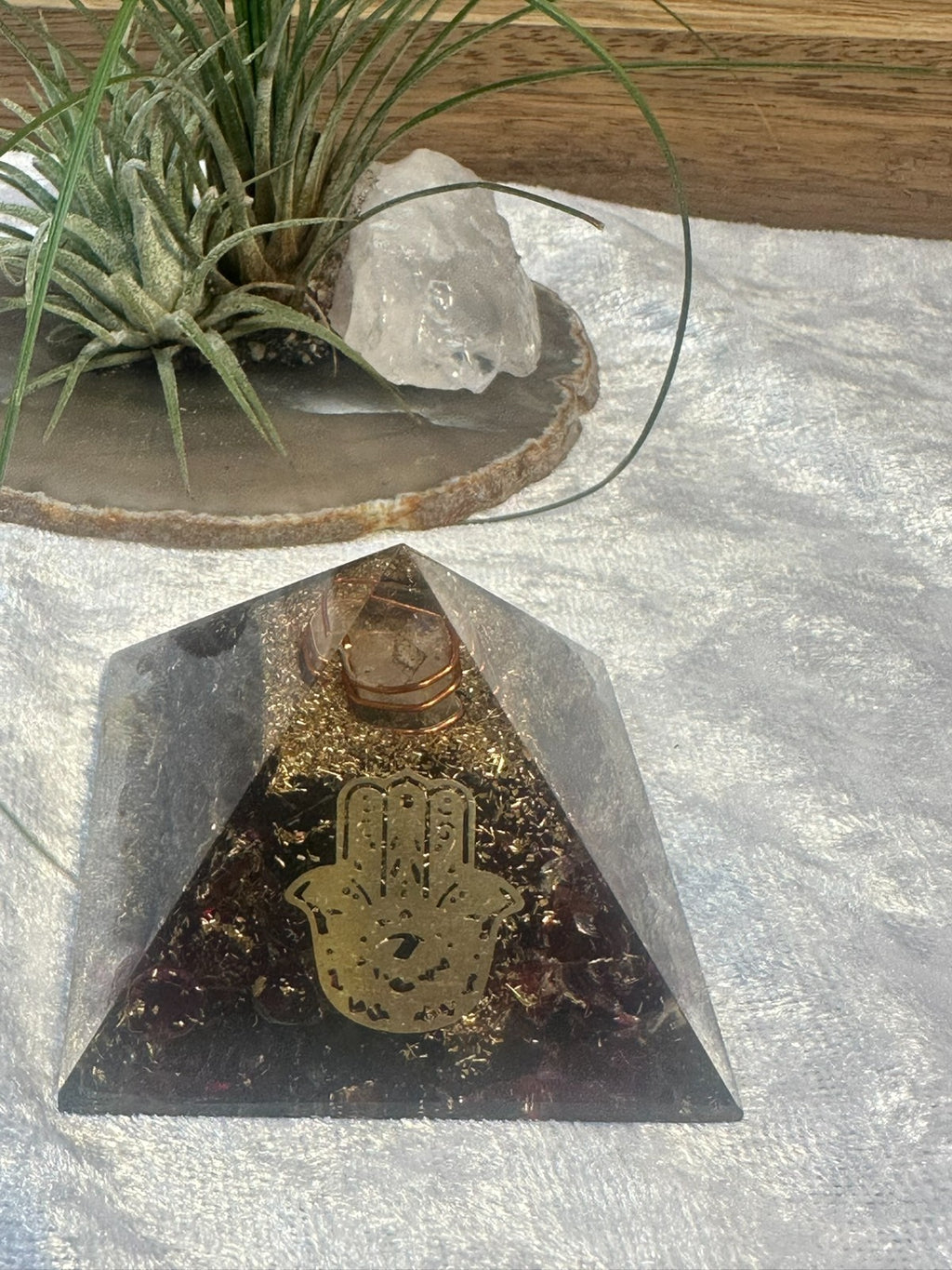 Orgonite Crystal Pyramid ~ Medium ~ Copper Coil & Hamsa Hand Symbol ~ Hand Made