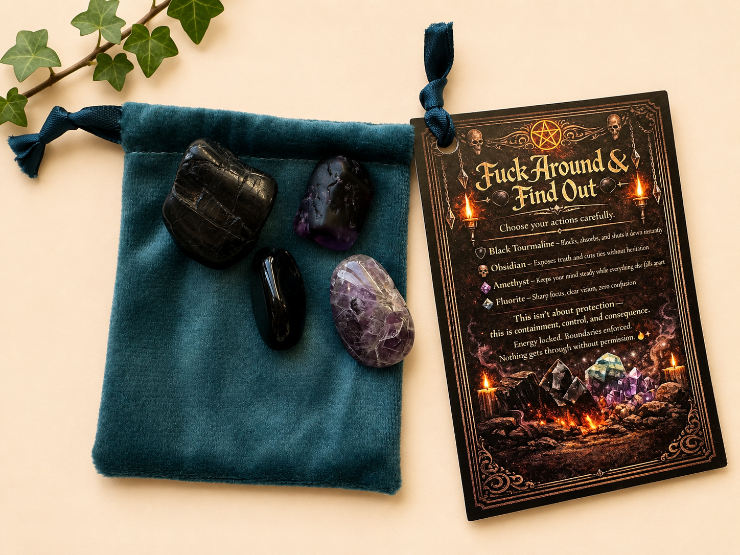 F**k Around & Find Out Crystal Kit ~ Black Tourmaline Obsidian Amethyst Fluorite