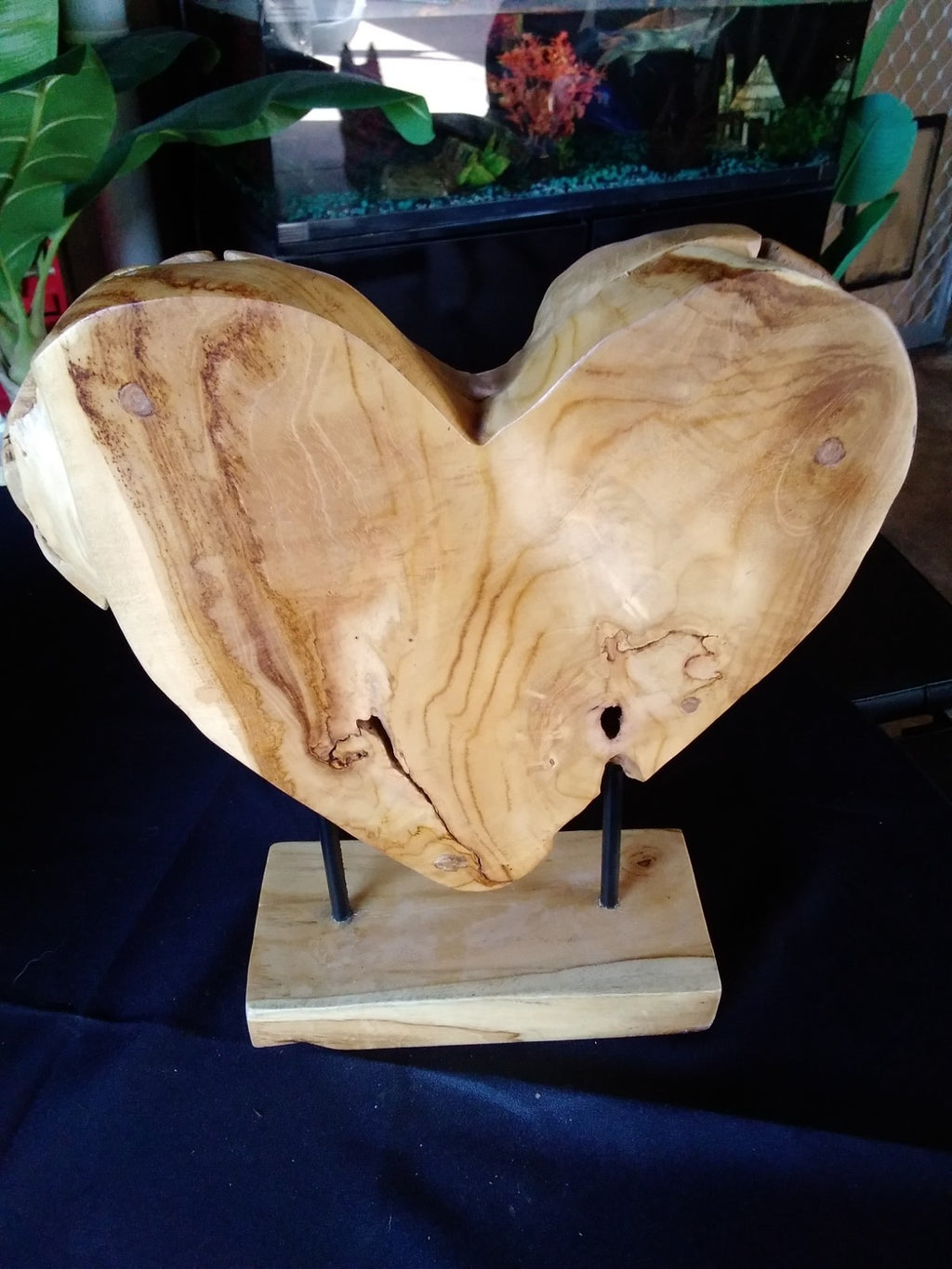 38cm ~ Rustic Wooden Love Heart Sculpture on Stand ~ Natural Timber Heavy Large