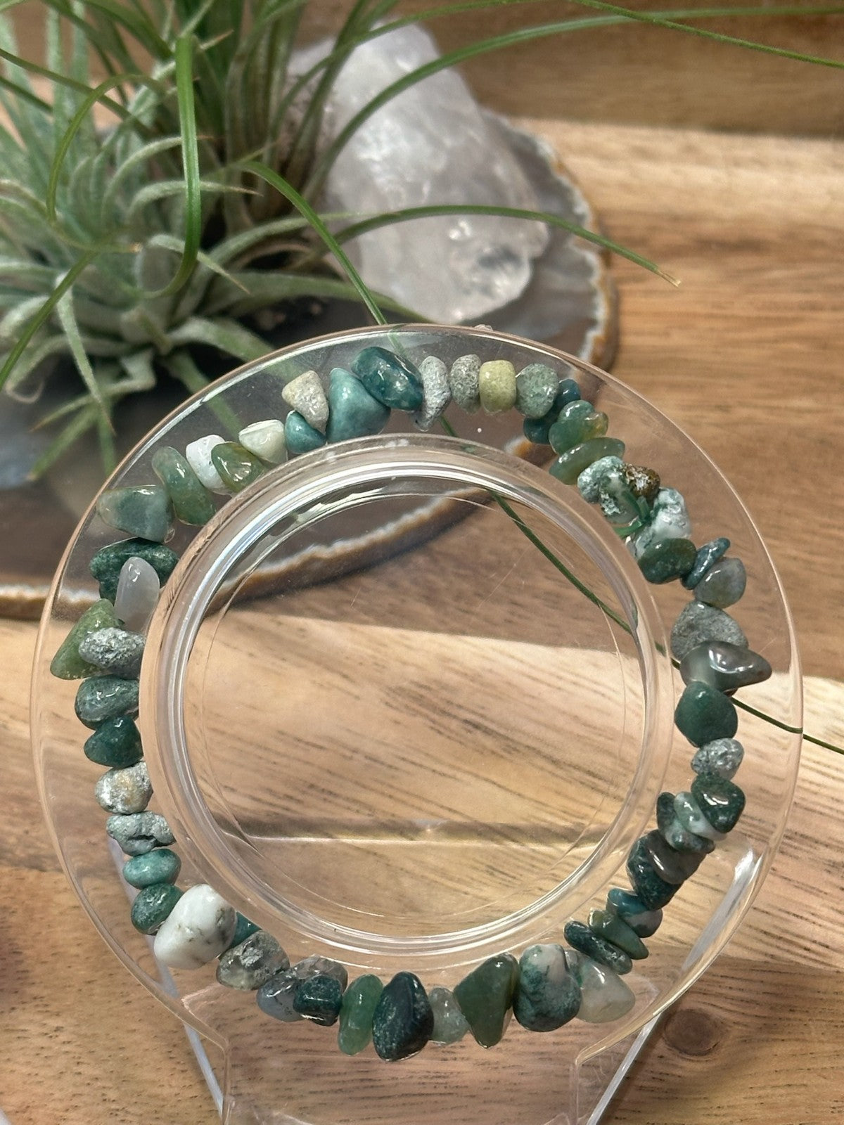 Moss Agate Crystal Chip Bracelet – Elastic ~ Growth • Balance • Nature Energy