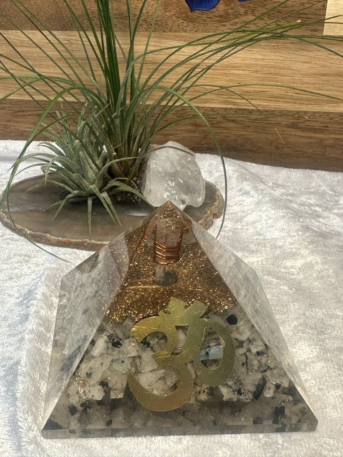 Large Orgonite Rainbow Moonstone Crystal Pyramid – Copper Coil & Om ~ Hand Made