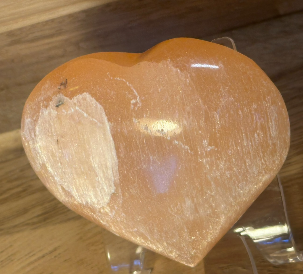 ORANGE Hand Carved Selenite Heart Crystal ~ Cleanse • Calm • Protect Your Space