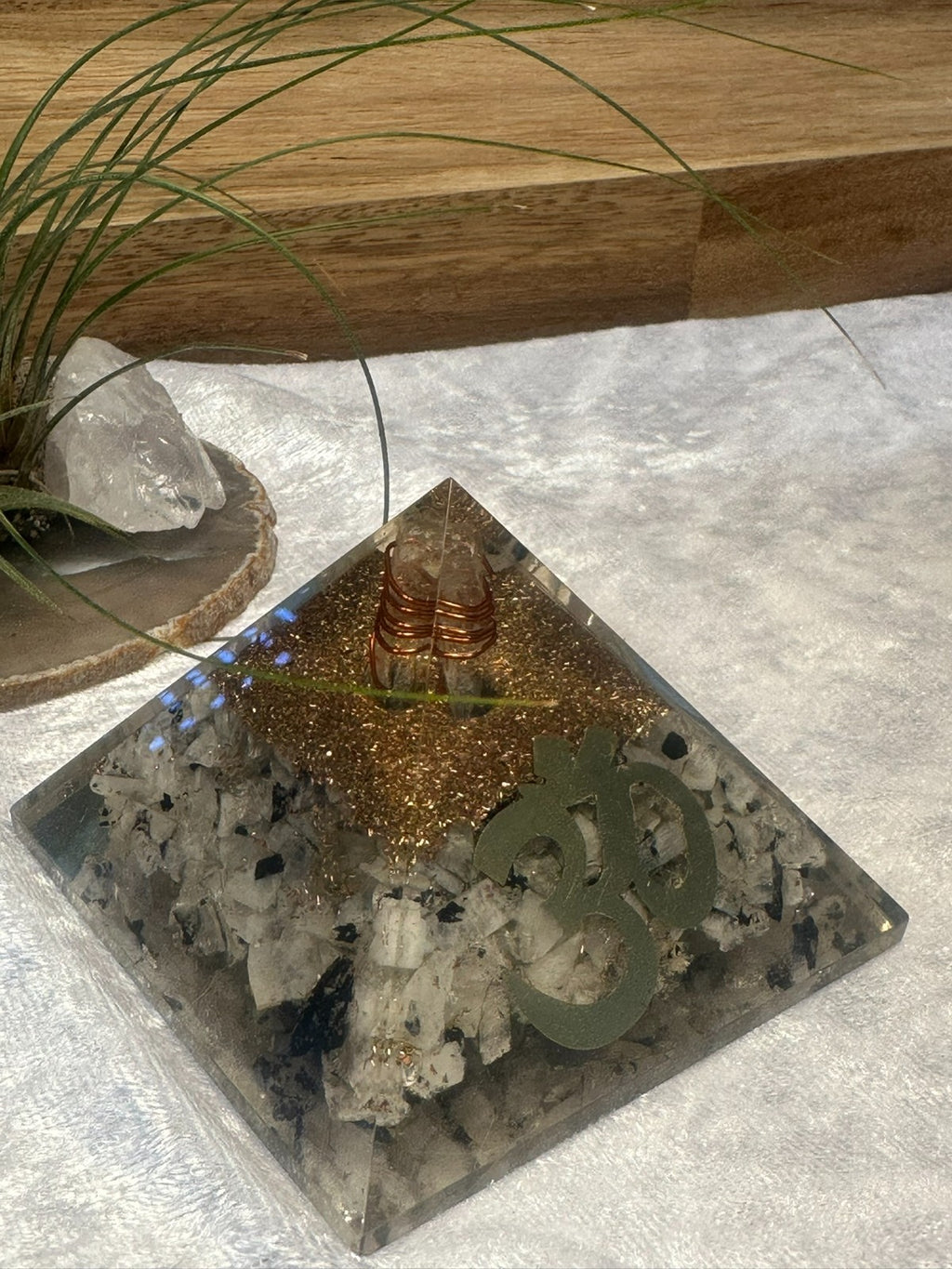 Large Orgonite Rainbow Moonstone Crystal Pyramid – Copper Coil & Om ~ Hand Made