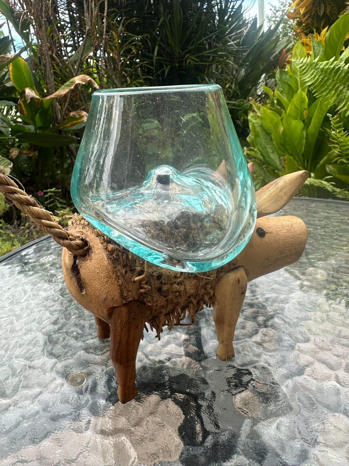 Wooden Pig Planter ~ Removable Glass Bowl – Rustic Garden Decor – Succulent
