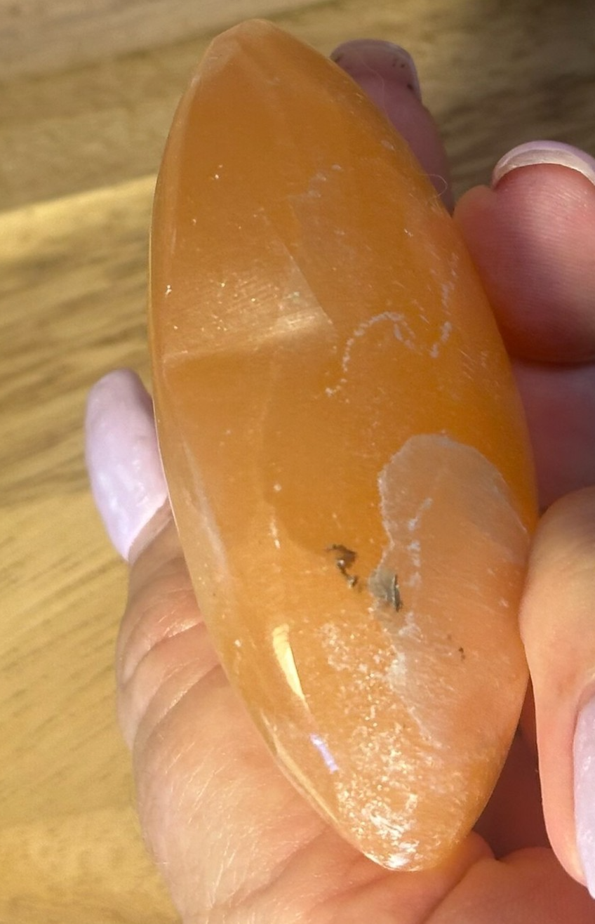ORANGE Hand Carved Selenite Heart Crystal ~ Cleanse • Calm • Protect Your Space