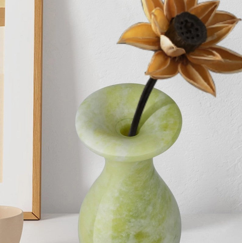 Handmade Lantian Jade Vase – Polished Green Stone Flower Vase Harmony • Calm