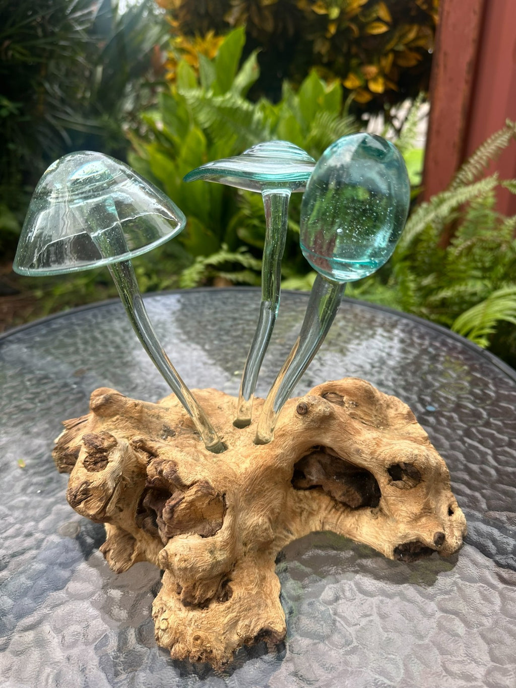Glass Mushroom Sculpture on Natural Wood – Garden Decor / Rustic Outdoor Art
