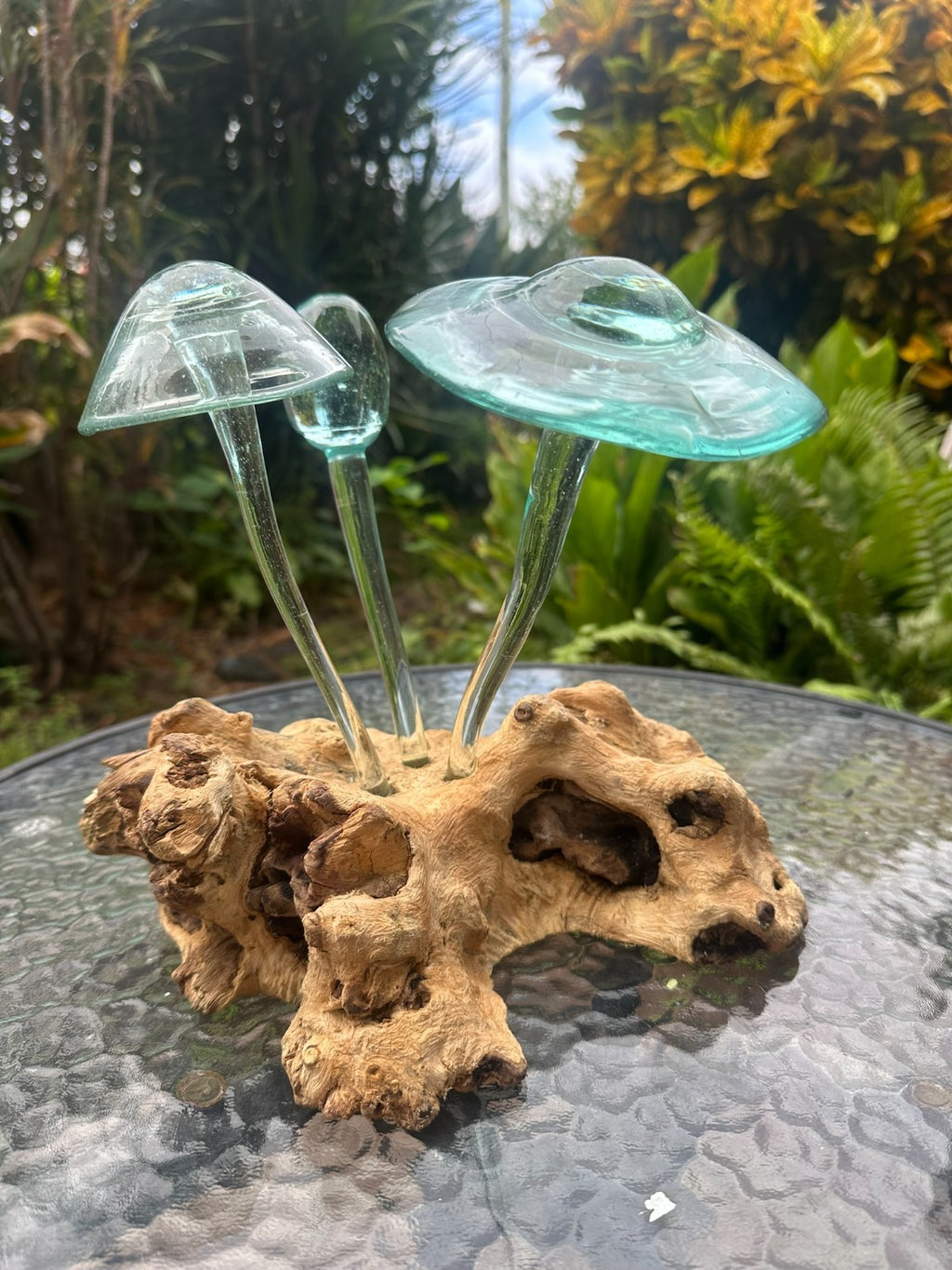 Glass Mushroom Sculpture on Natural Wood – Garden Decor / Rustic Outdoor Art
