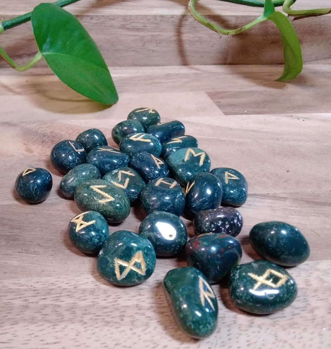 25pc Norse Bloodstone ~ Gemstone Power Viking Rune Stones Set + Bag