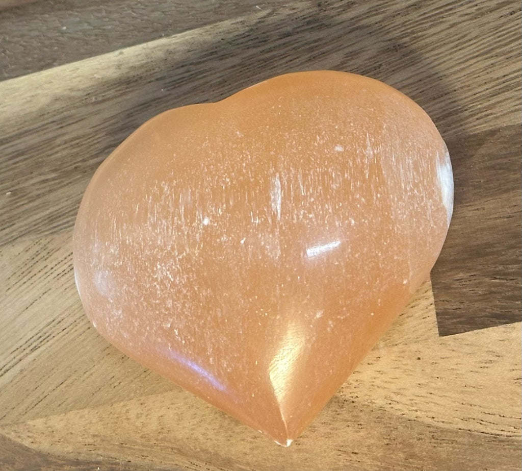 ORANGE Hand Carved Selenite Heart Crystal ~ Cleanse • Calm • Protect Your Space