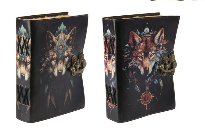 7x5" Leather Journal with Wolf Design B ~ Vintage Style Notebook Diary ~ 18x13cm