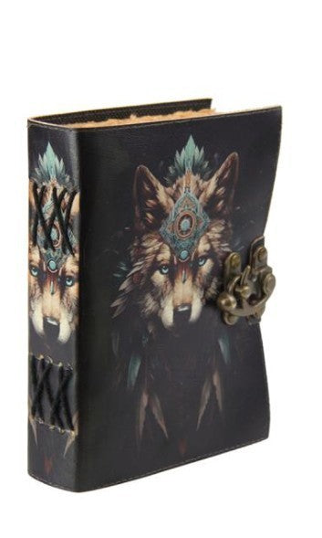 7x5" Leather Journal with Wolf Design A ~ Vintage Style Notebook Diary ~ 18x13cm