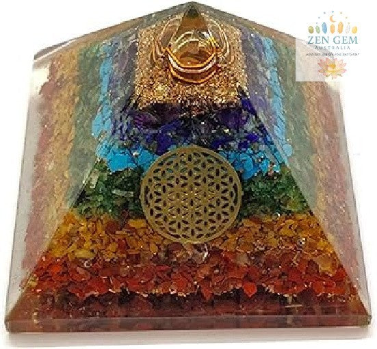 Large Orgonite Chakra Crystal Pyramid – Copper Coil & Flower of Life ~ Hand Made