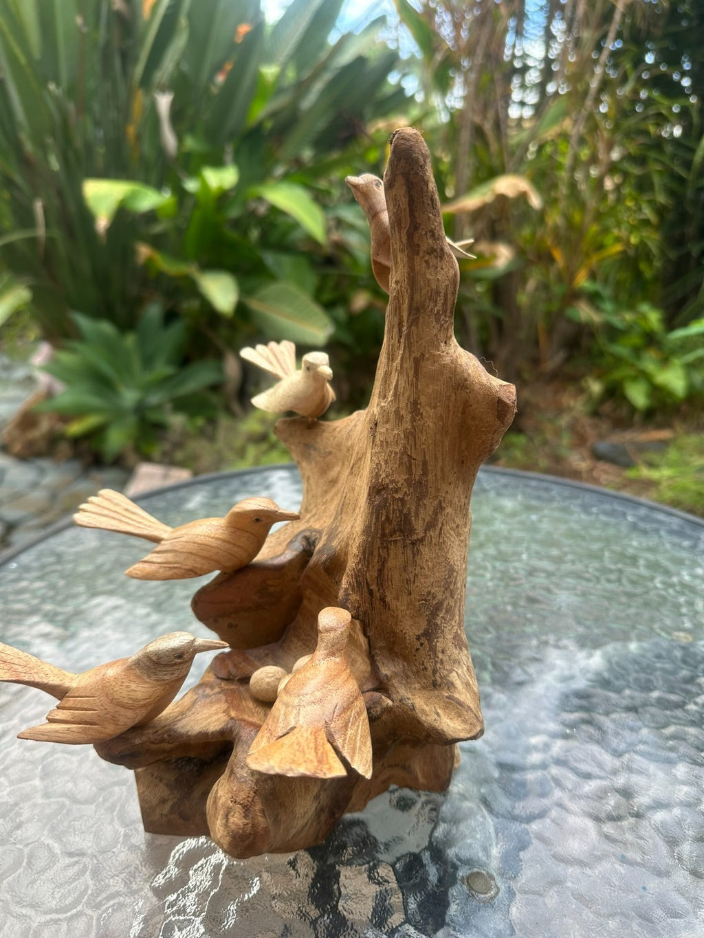 Hand Carved Wooden Bird Sculpture on Natural Wood – Rustic Nature Decor – Bird N