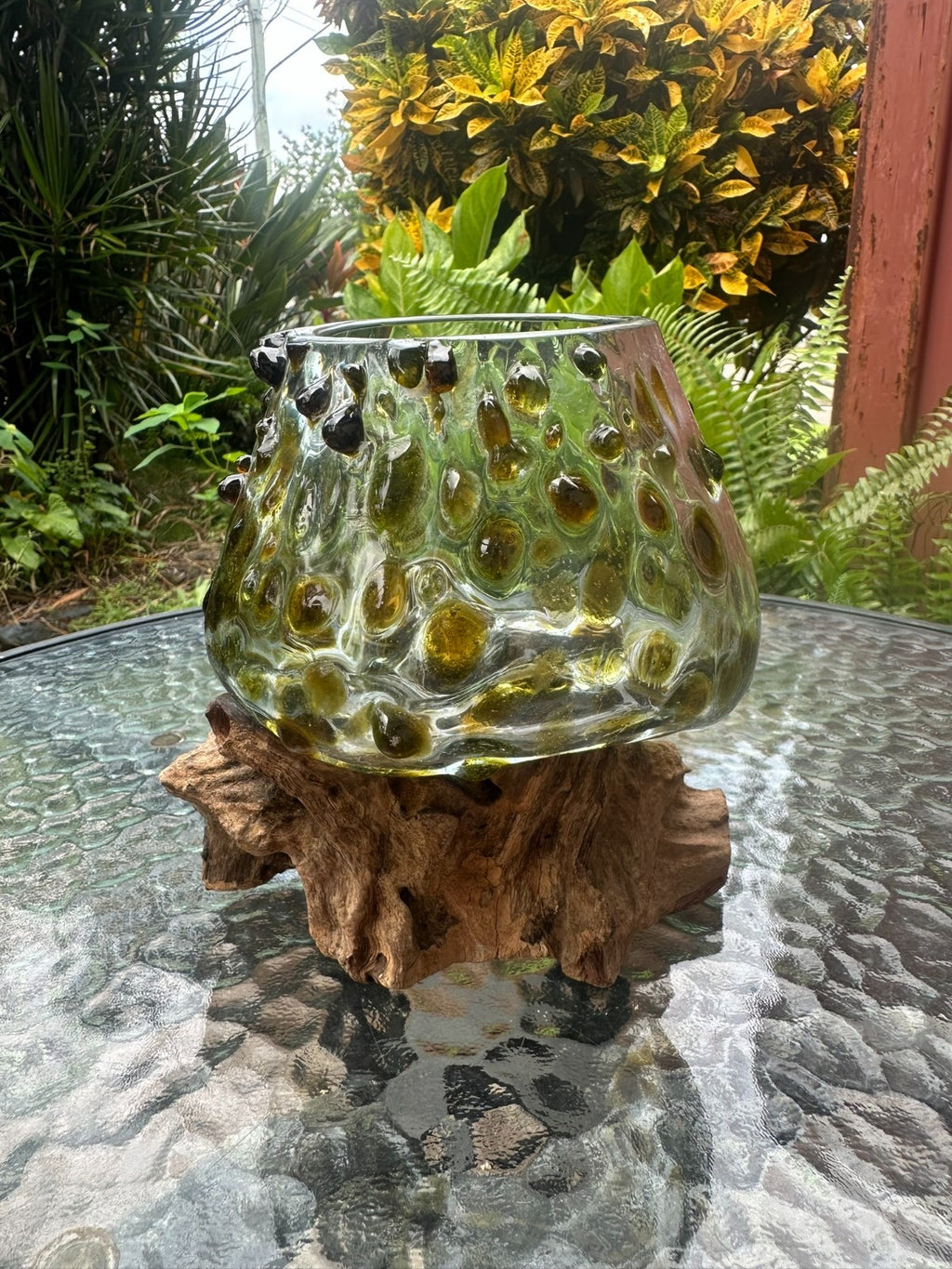 Gold Slump Glass Bowl on Natural Wood Base – Rustic Decor Planter Candle Holder