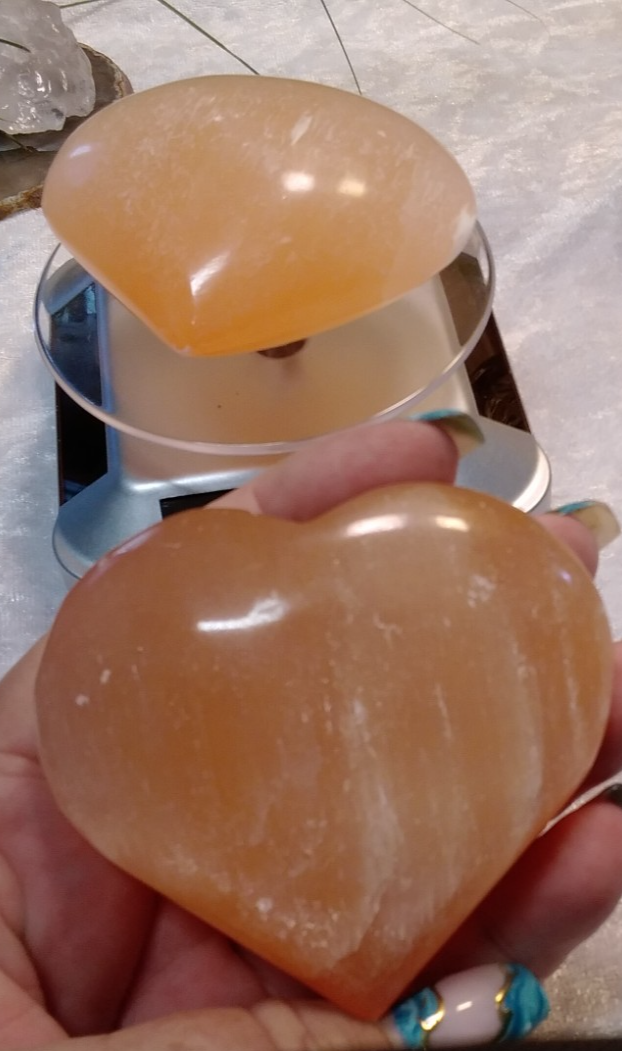 ORANGE Hand Carved Selenite Heart Crystal ~ Cleanse • Calm • Protect Your Space