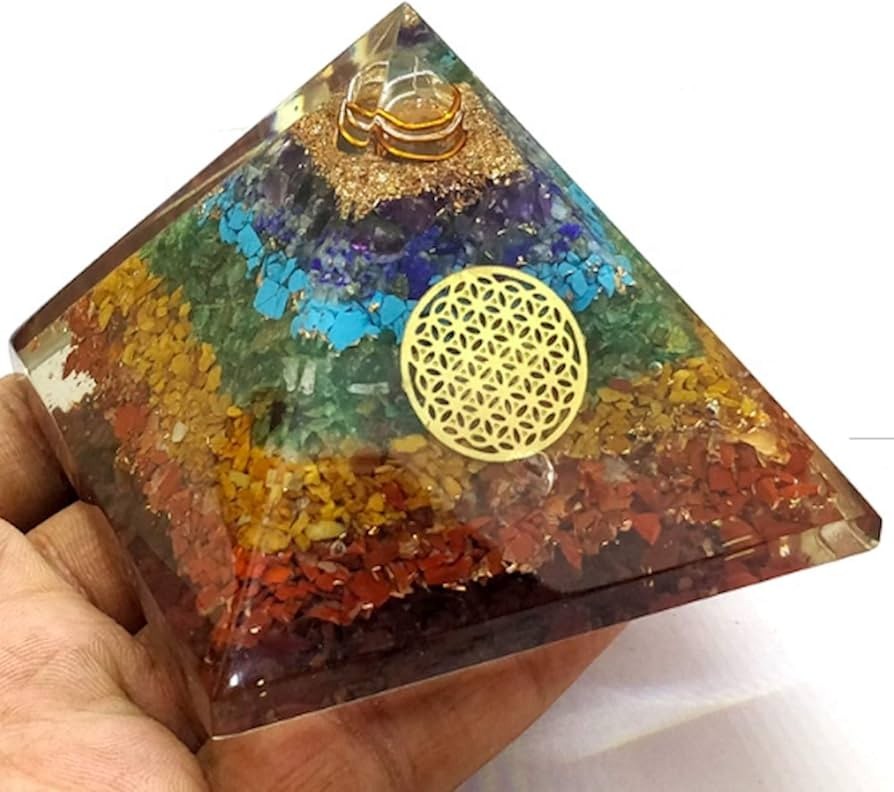 Large Orgonite Chakra Crystal Pyramid – Copper Coil & Flower of Life ~ Hand Made