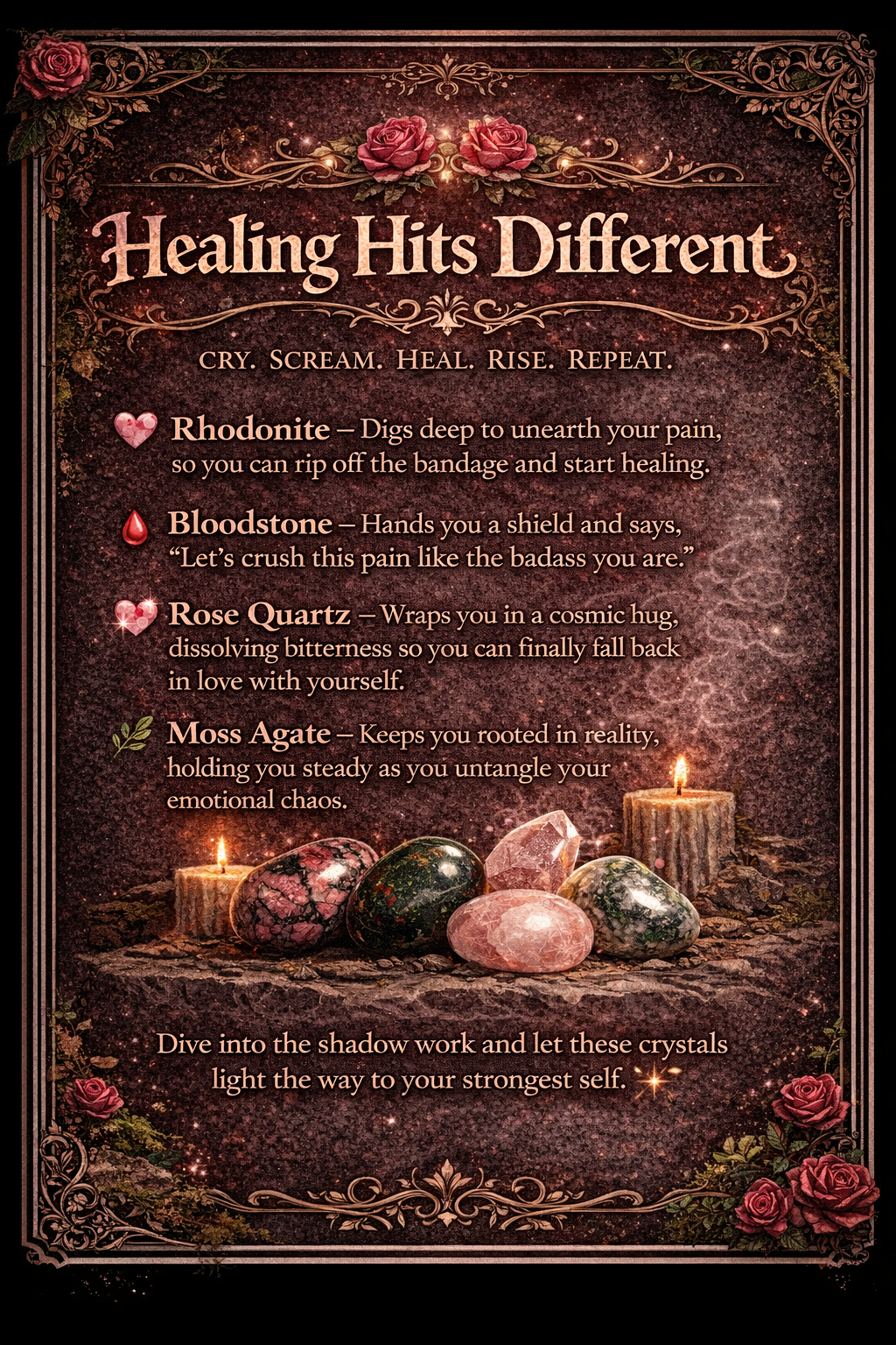 Healing Hits Different Crystal Kit Rhodonite Rose Quartz Moss Agate Bloodstone