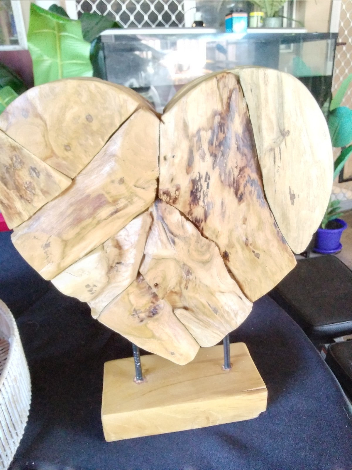 Large 38cm ~ Rustic Wooden Love Heart Sculpture on Stand ~ Natural Timber Heavy