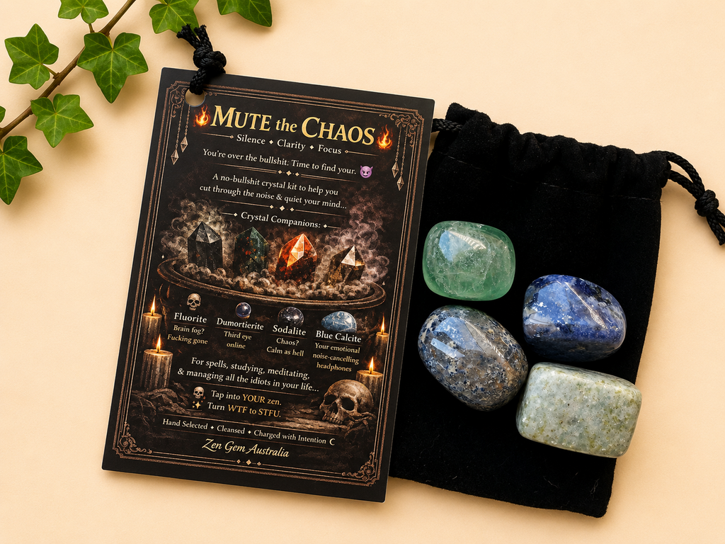 Mute The Chaos Crystal Kit  Fluorite Sodalite Dumortierite Blue Calcite Gift Set