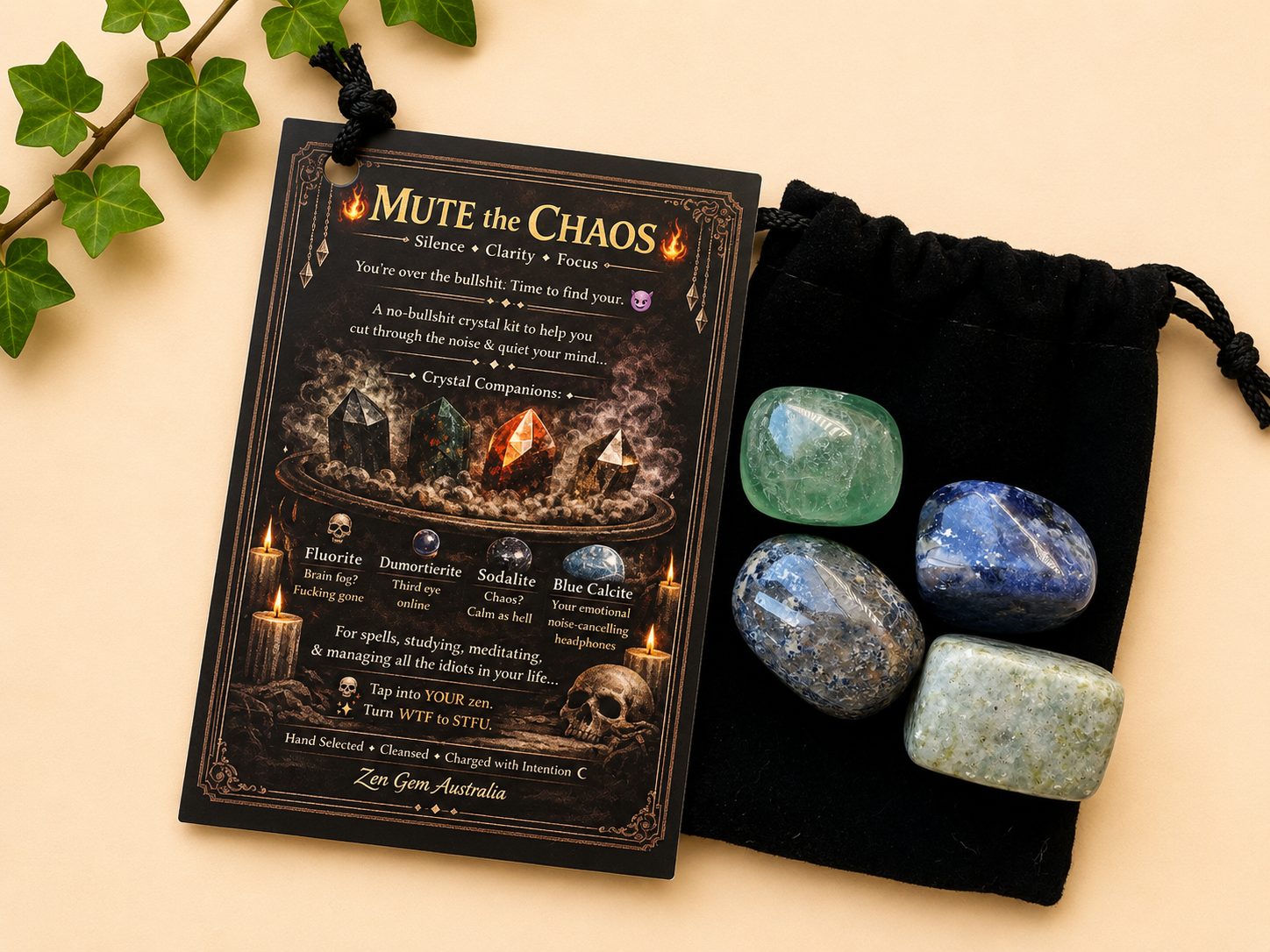 Mute The Chaos Crystal Kit  Fluorite Sodalite Dumortierite Blue Calcite Gift Set