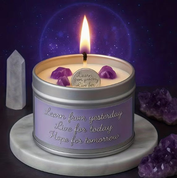 Walleaf Amethyst Energy Candle ~ Features Uplifting Message & Amethyst Crystals