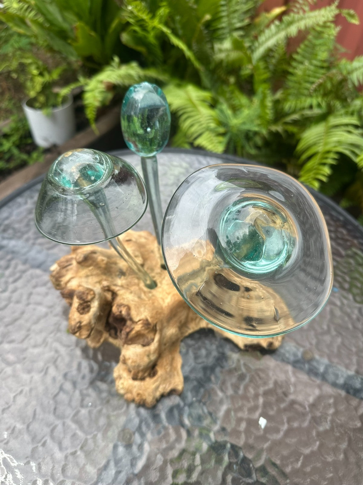 Glass Mushroom Sculpture on Natural Wood – Garden Decor / Rustic Outdoor Art