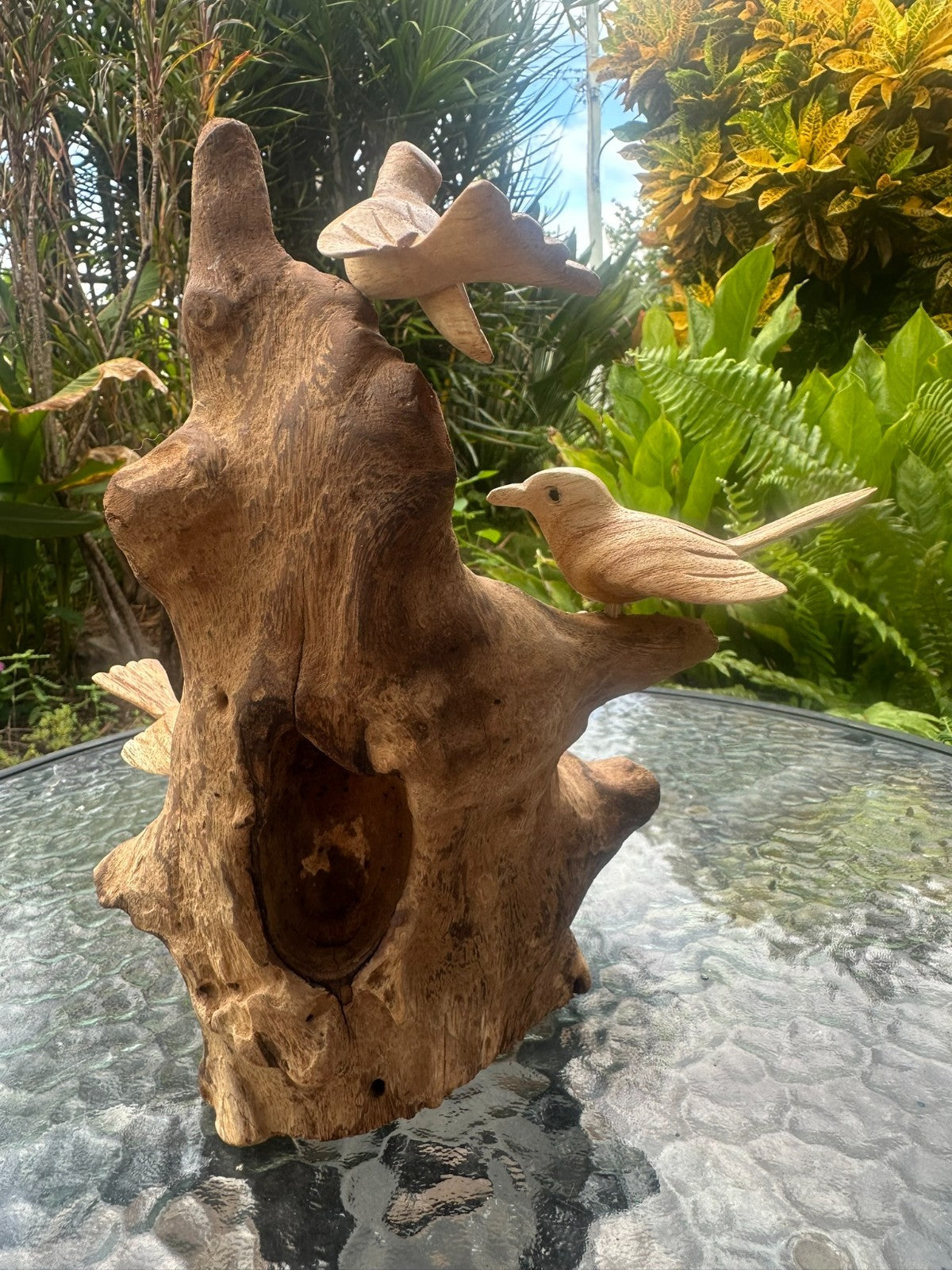 Hand Carved Wooden Bird Sculpture on Natural Wood – Rustic Nature Decor – Bird N