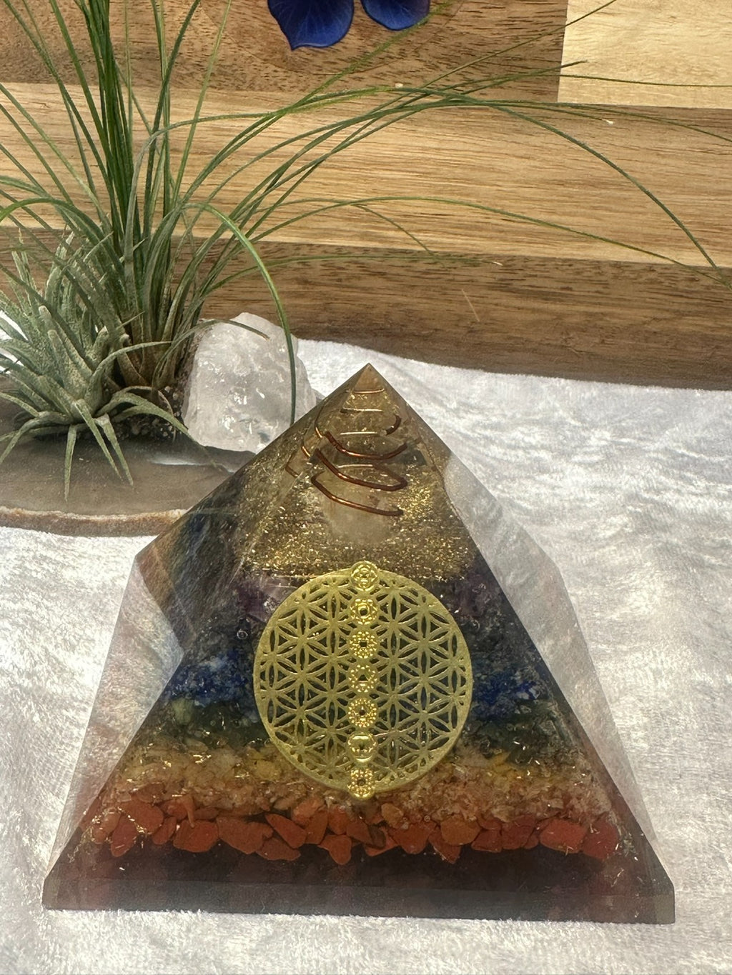 Large Orgonite Chakra Crystal Pyramid – Copper Coil & Flower of Life ~ Hand Made