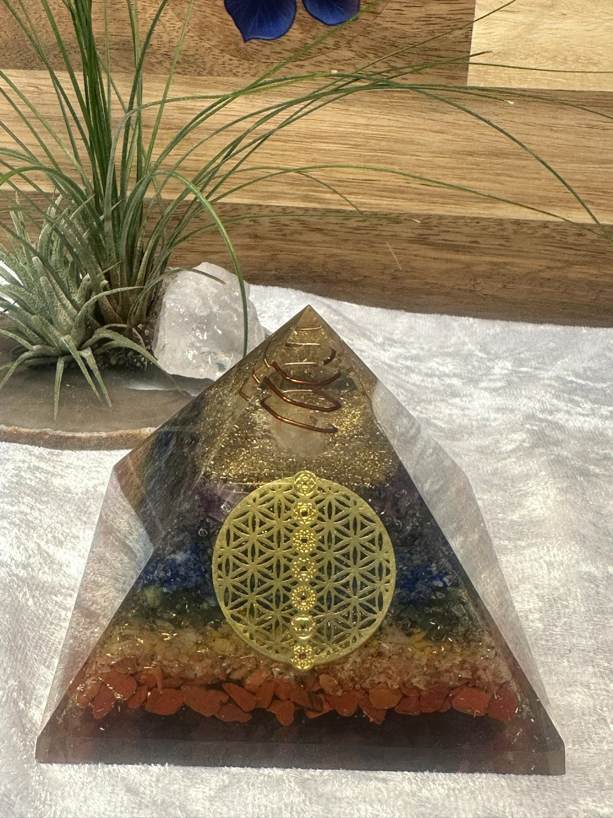Large Orgonite Chakra Crystal Pyramid – Copper Coil & Flower of Life ~ Hand Made