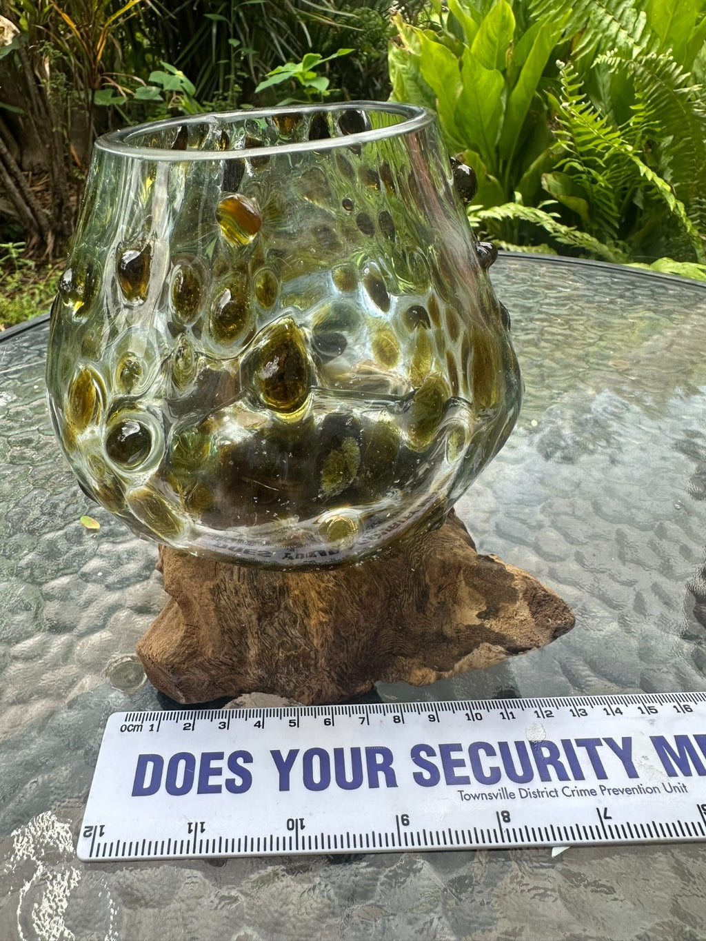 Gold Slump Glass Bowl on Natural Wood Base – Rustic Decor Planter Candle Holder