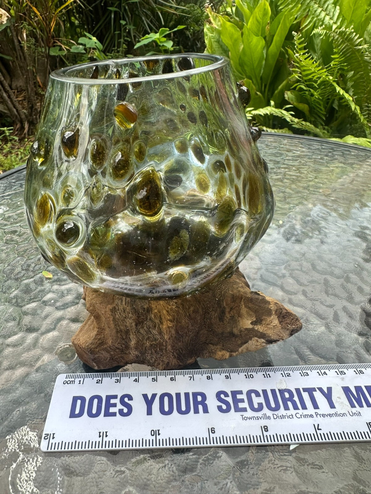 Gold Slump Glass Bowl on Natural Wood Base – Rustic Decor Planter Candle Holder