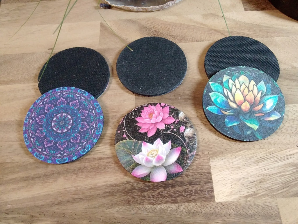 Boho Mandala Lotus design Neoprene Coasters – Absorbent Cup Holder ~ Car or Home