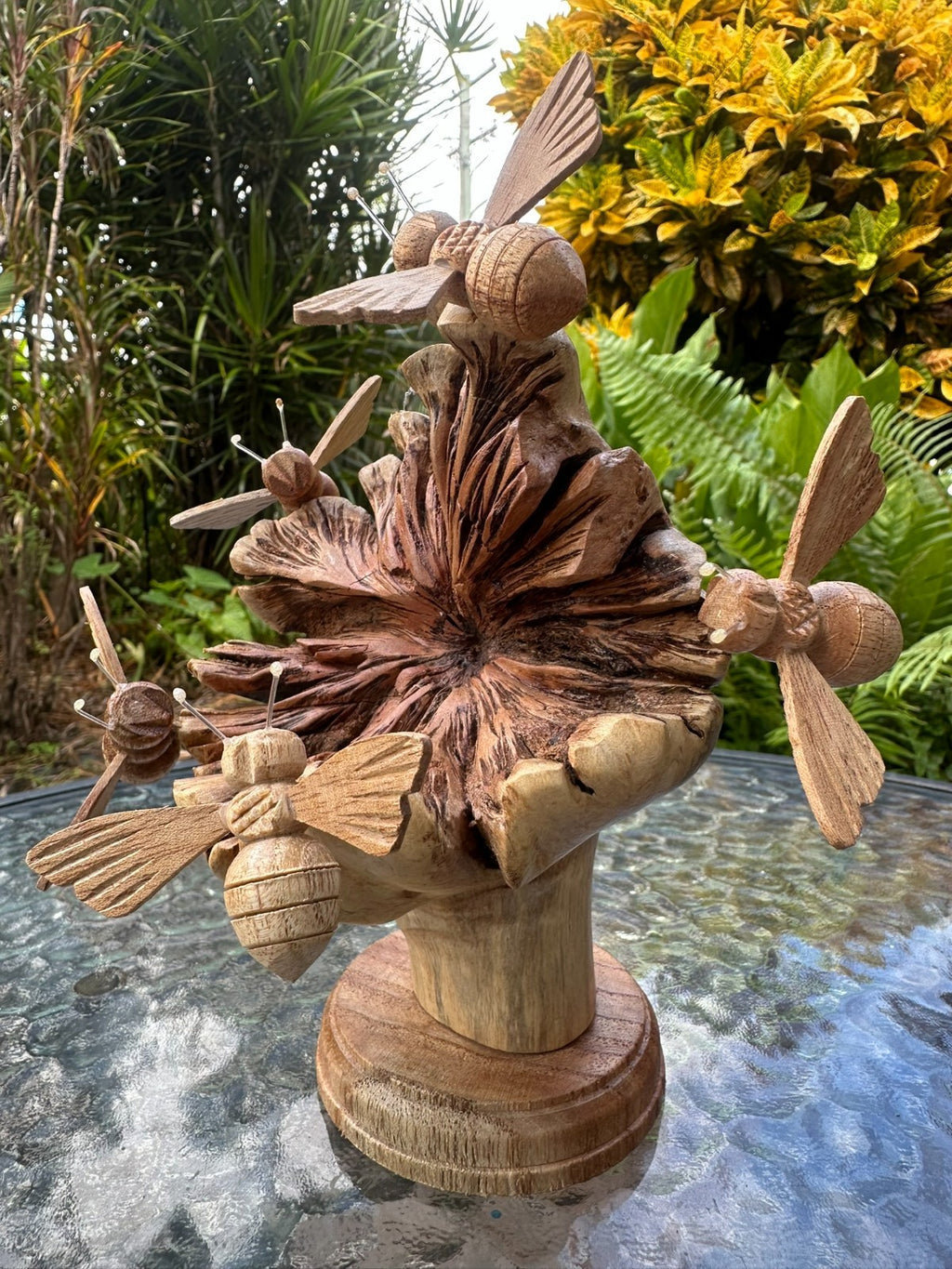 Wooden Pig Planter ~ Removable Glass Bowl – Rustic Garden Decor – Succulent