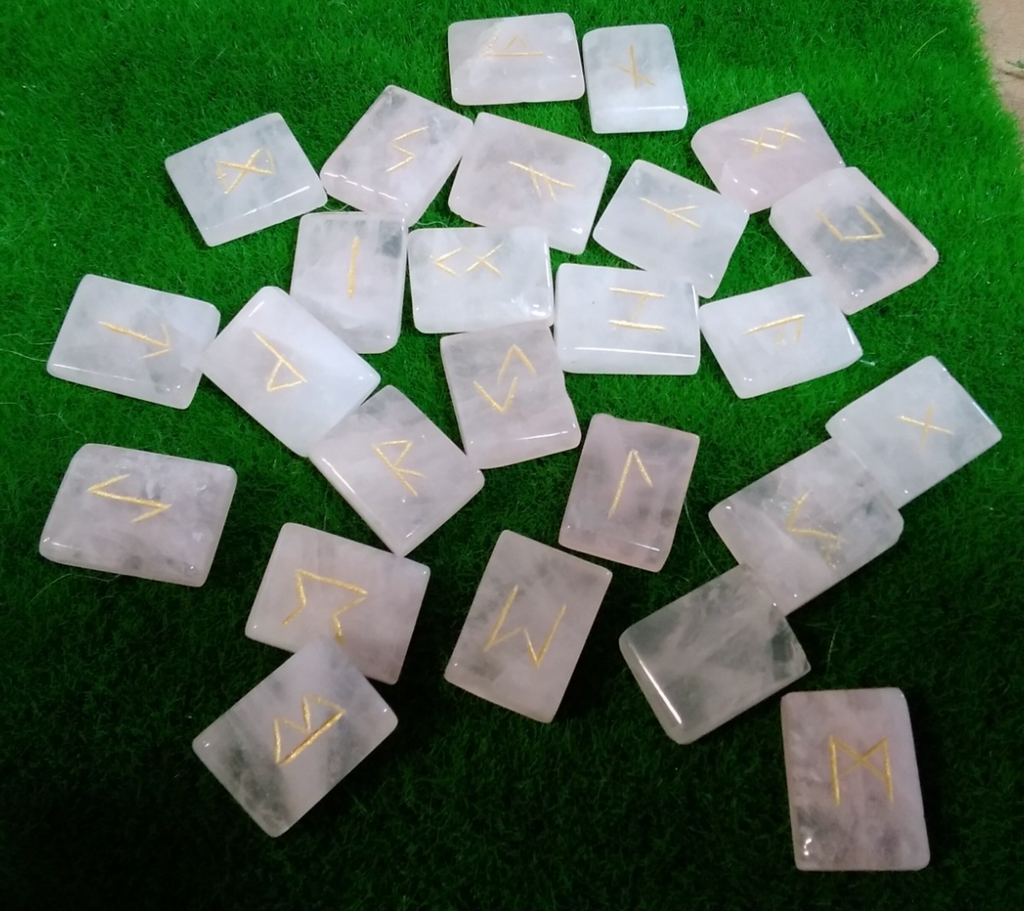 Rose Quartz Rune Stones Set – Engraved Crystal Runes Love Healing Heart Chakra