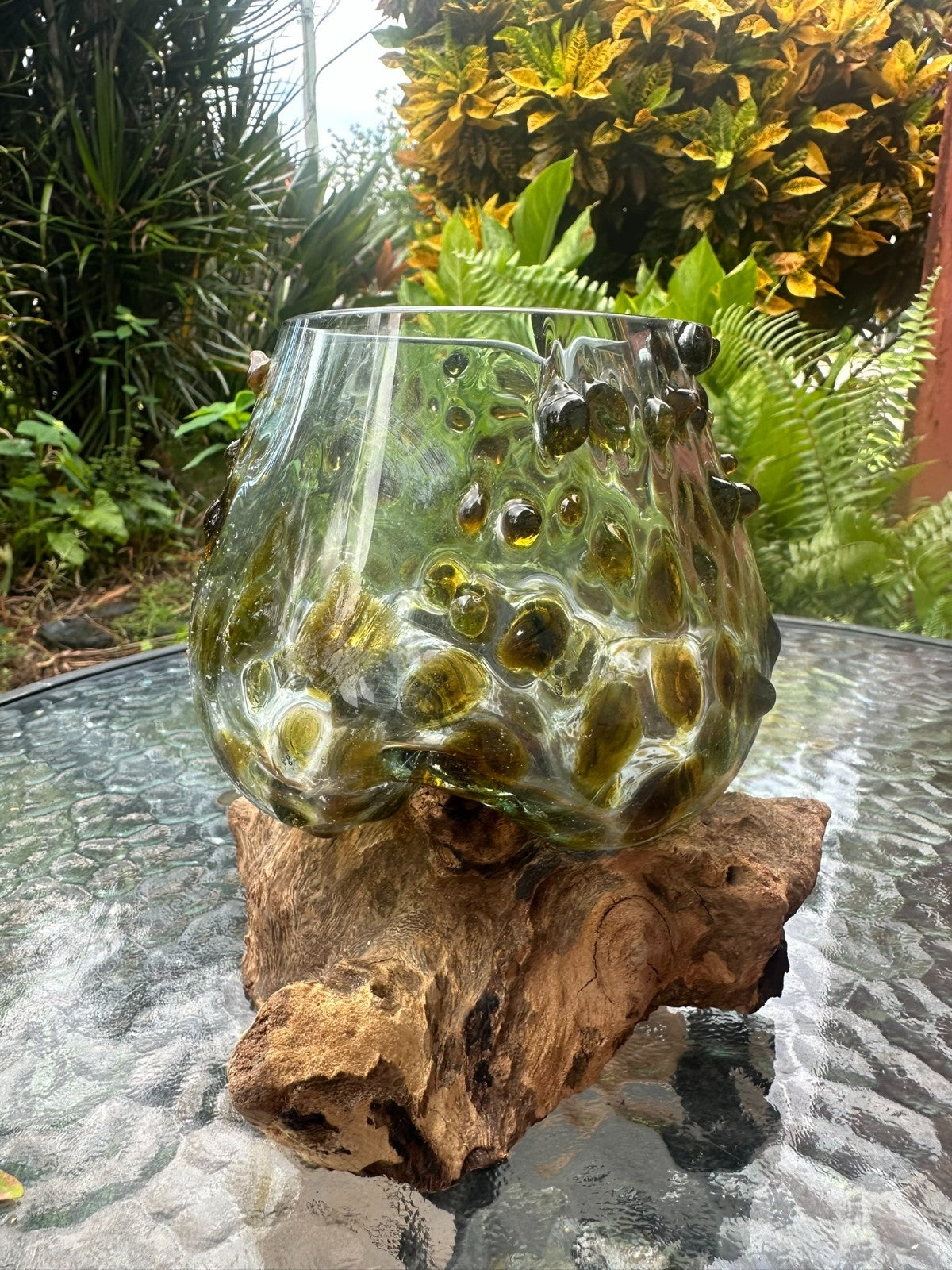 Gold Slump Glass Bowl on Natural Wood Base – Rustic Decor Planter Candle Holder