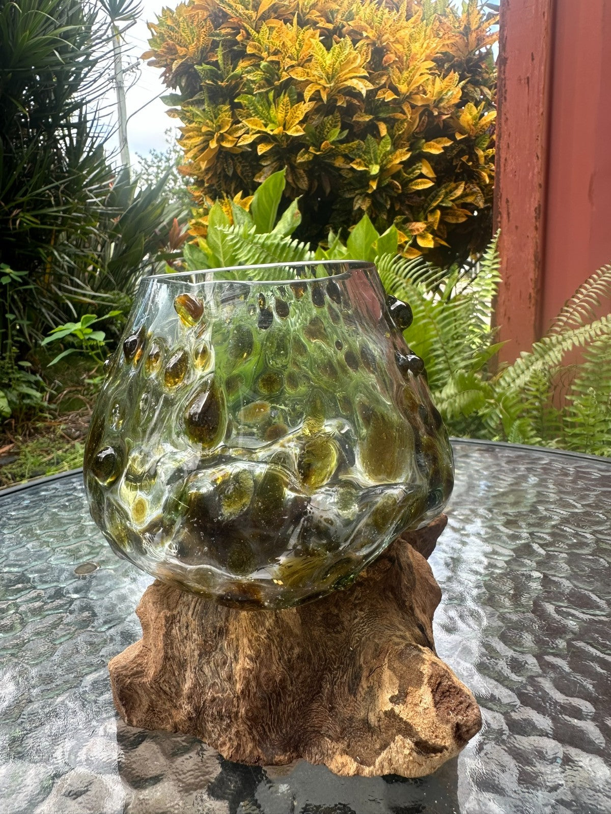 Gold Slump Glass Bowl on Natural Wood Base – Rustic Decor Planter Candle Holder
