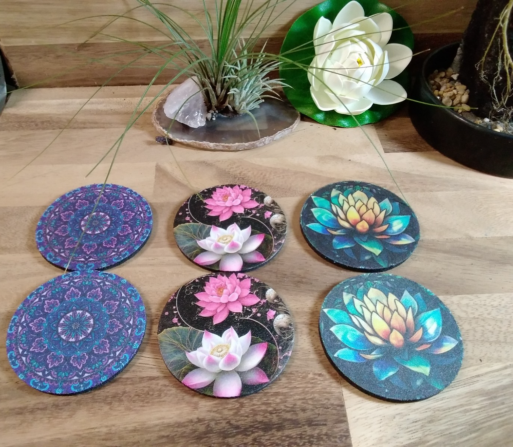 Boho Mandala Lotus design Neoprene Coasters – Absorbent Cup Holder ~ Car or Home