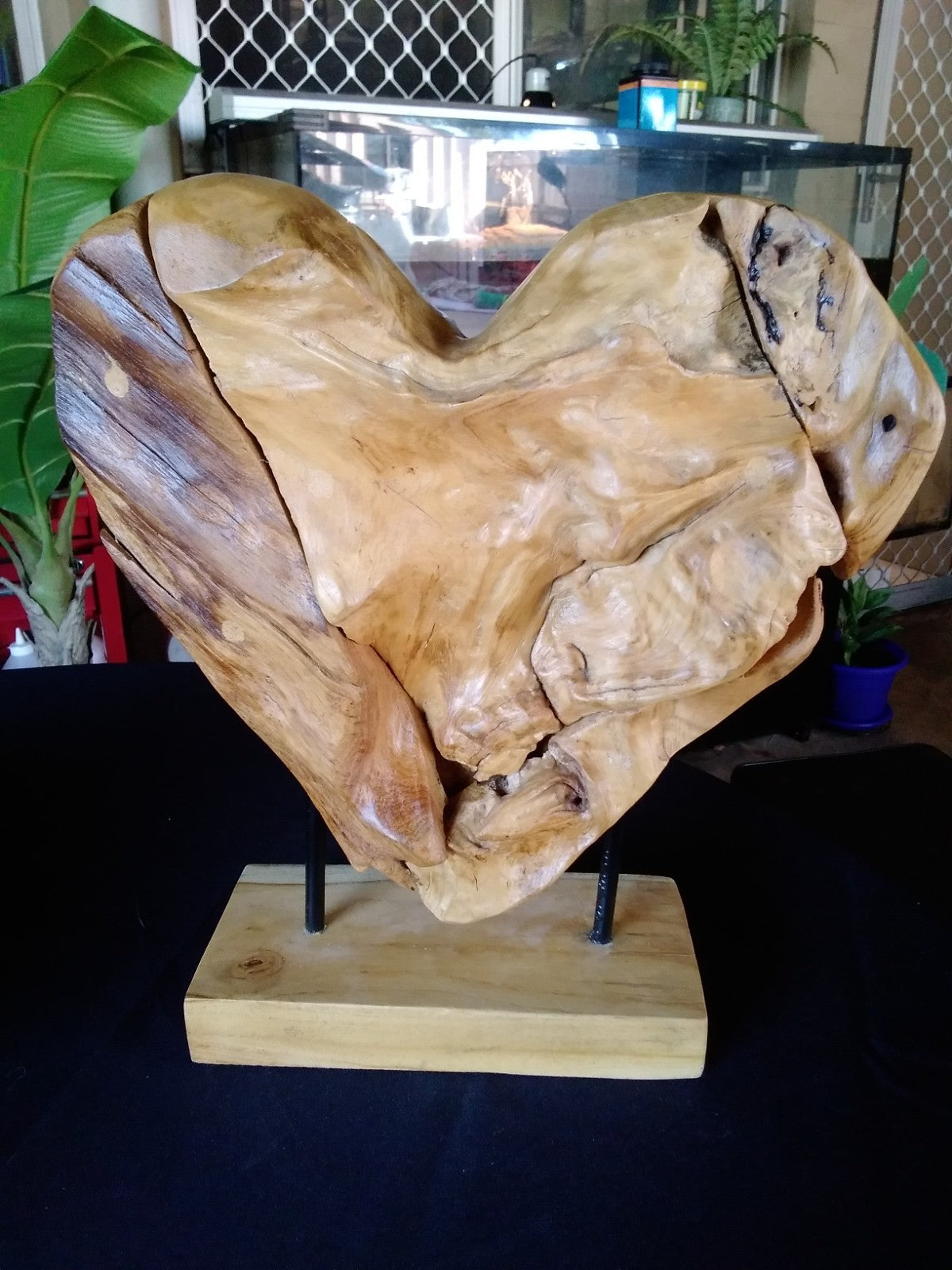 38cm ~ Rustic Wooden Love Heart Sculpture on Stand ~ Natural Timber Heavy Large