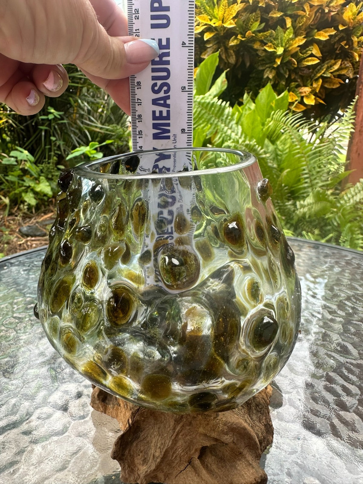 Gold Slump Glass Bowl on Natural Wood Base – Rustic Decor Planter Candle Holder