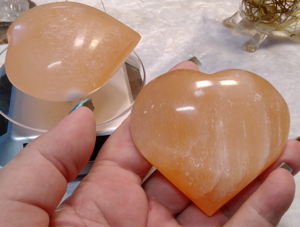 ORANGE Hand Carved Selenite Heart Crystal ~ Cleanse • Calm • Protect Your Space