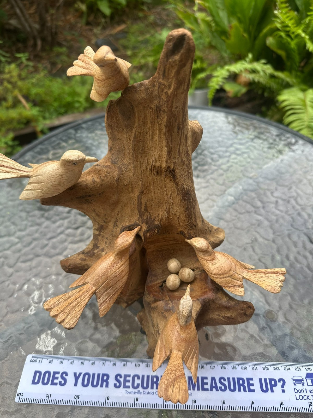 Hand Carved Wooden Bird Sculpture on Natural Wood – Rustic Nature Decor – Bird N