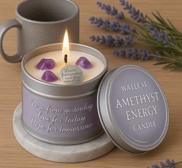 Walleaf Amethyst Energy Candle ~ Features Uplifting Message & Amethyst Crystals