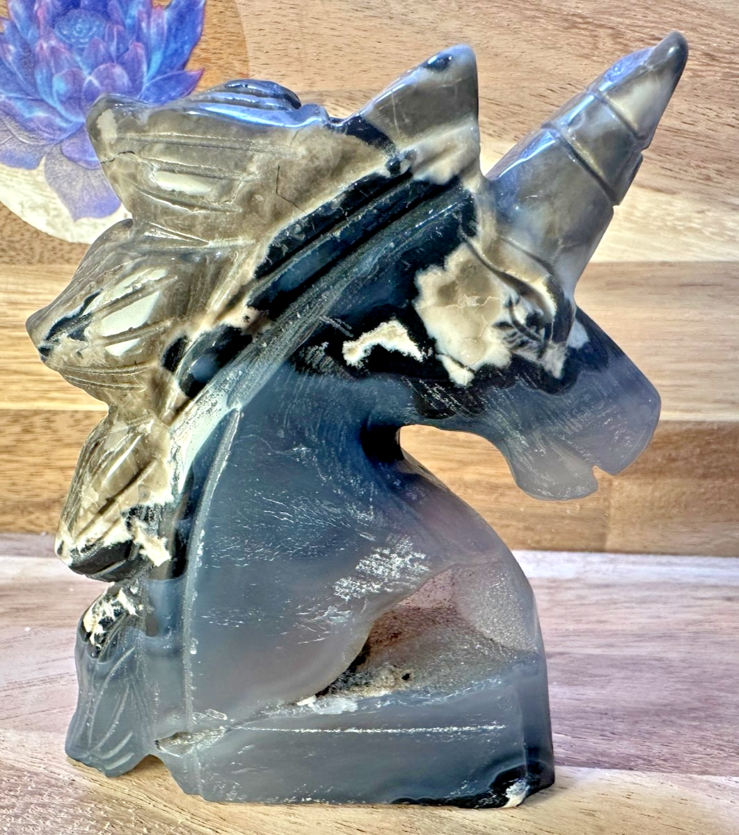 Volcanic Agate Unicorn Carving – Crystal Statue ~ Strength • Transformation 11cm