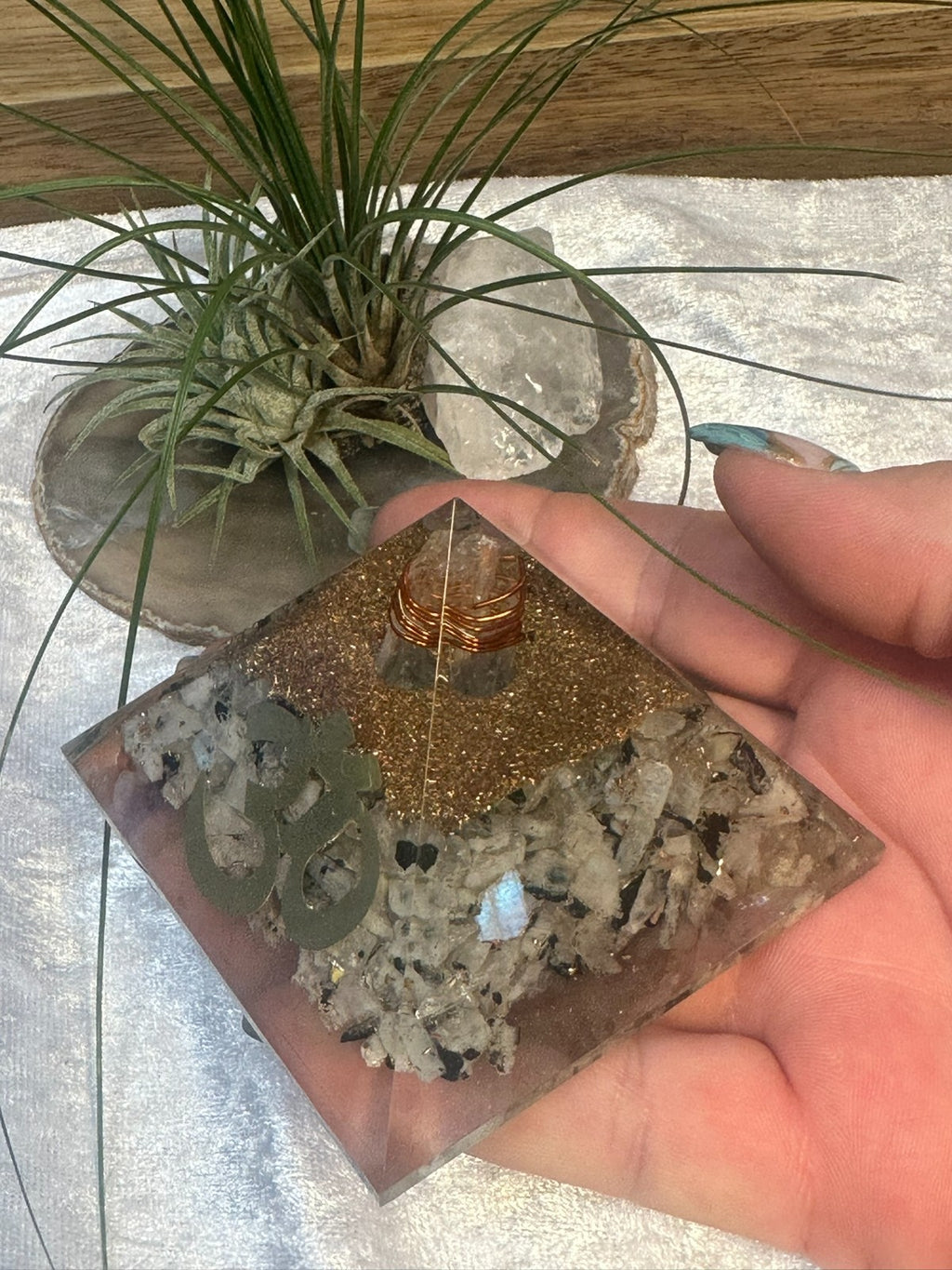 Large Orgonite Rainbow Moonstone Crystal Pyramid – Copper Coil & Om ~ Hand Made
